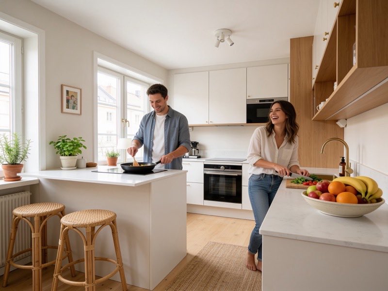 Couple preparing a meal in a bright modern kitchen