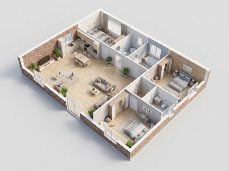 Detailed 3D isometric floor plan