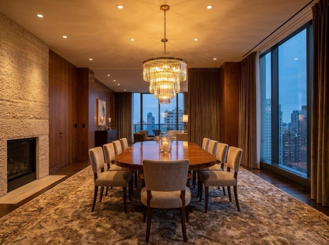 Dining room with chandelier and city view