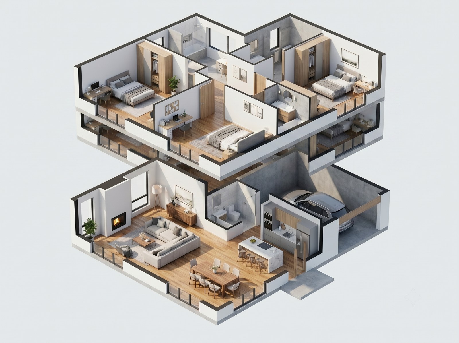 Stacked 3D cutaway of a two-storey house