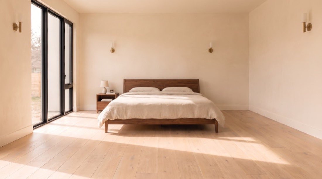 Bedroom bathed in warm light