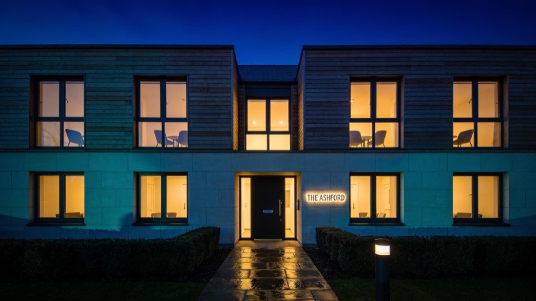 Contemporary residence photographed at twilight