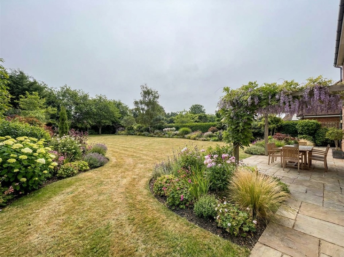 The same garden with a patchy lawn