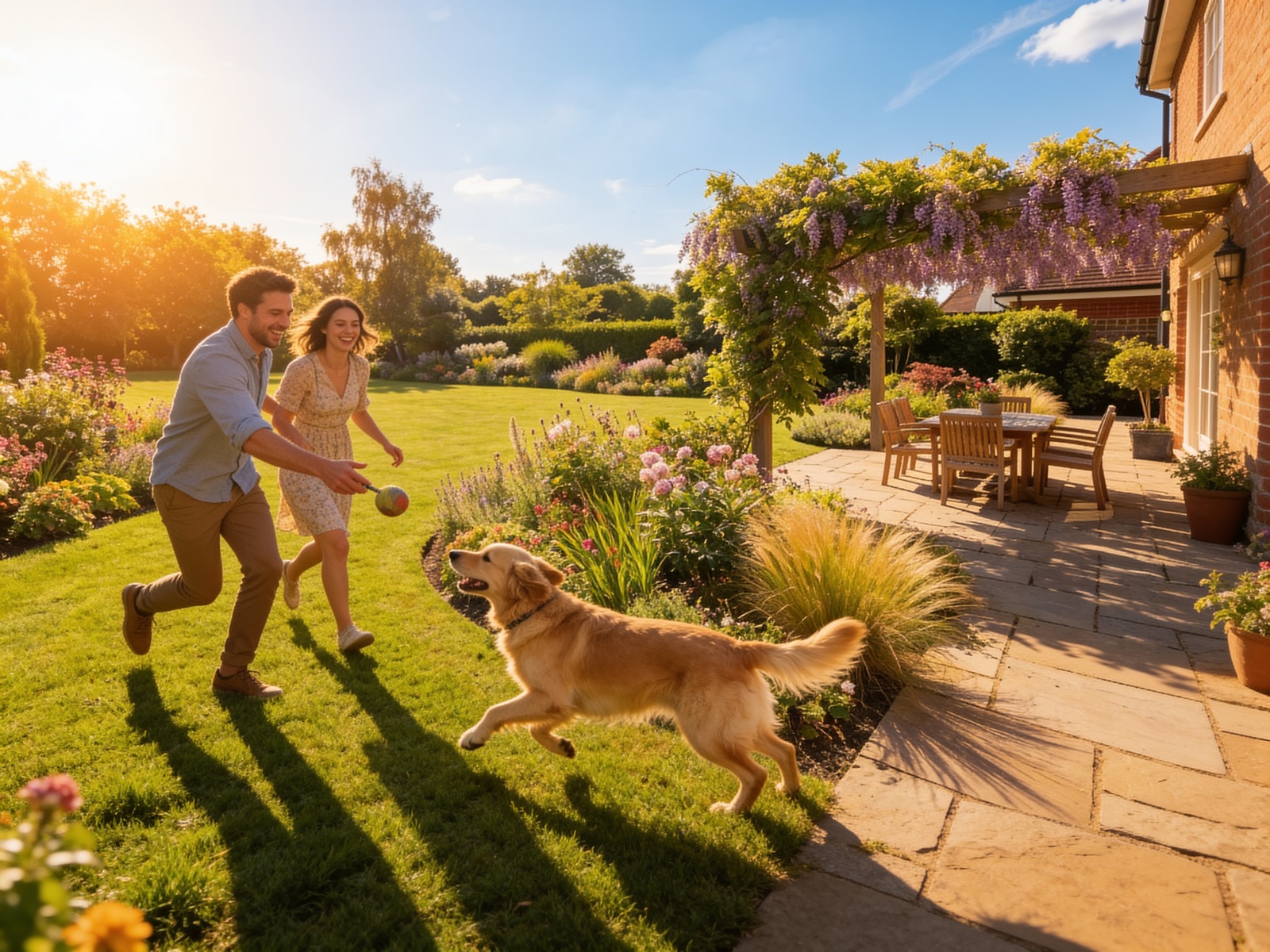 Garden with a couple playing with their dog
